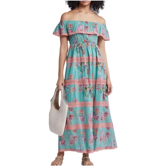 Barok Paris Floral Off The Shoulder Cotton Blend Maxi Dress In Seafoam Size S - Picture 1 of 9